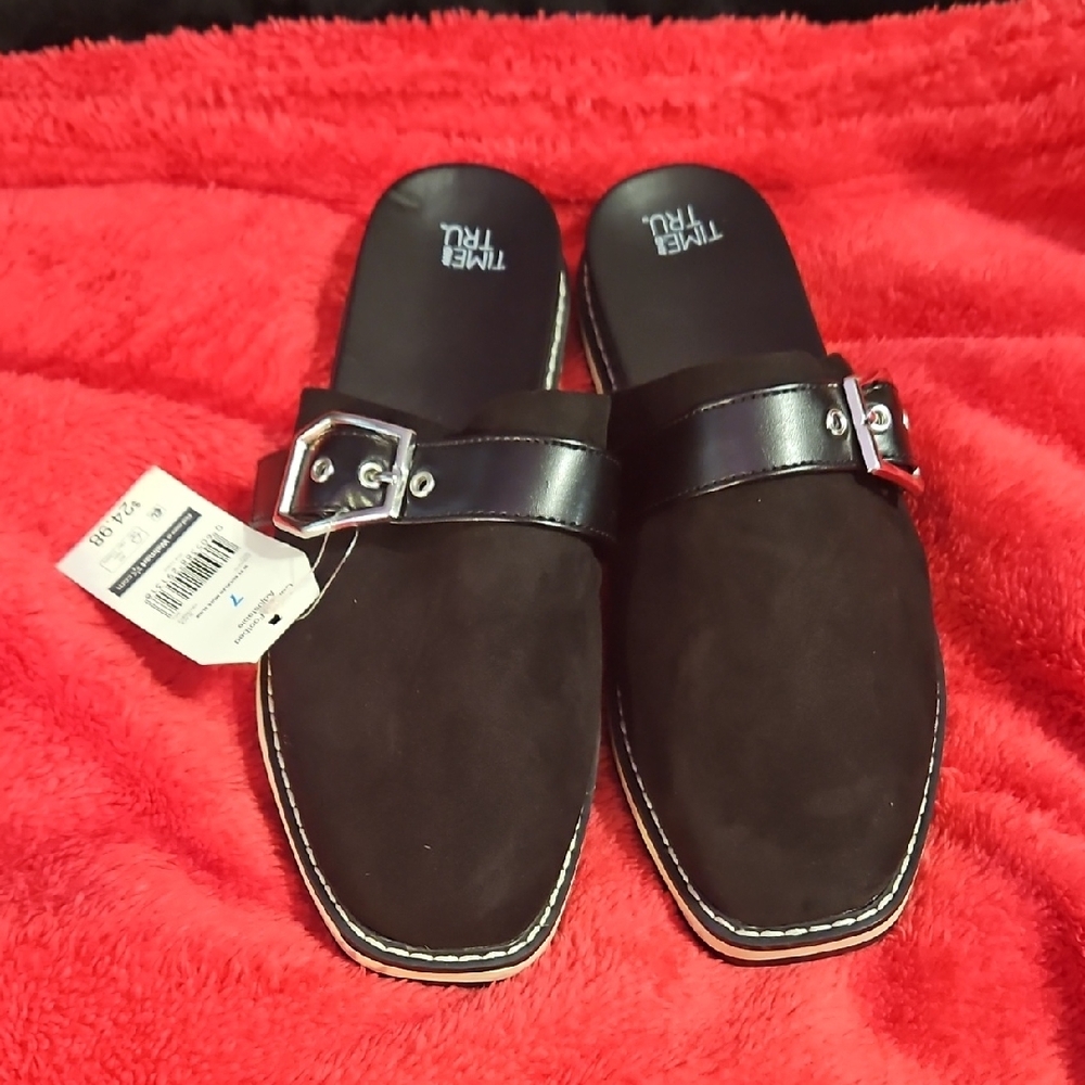Time and Tru Black Mules with Silver Buckle